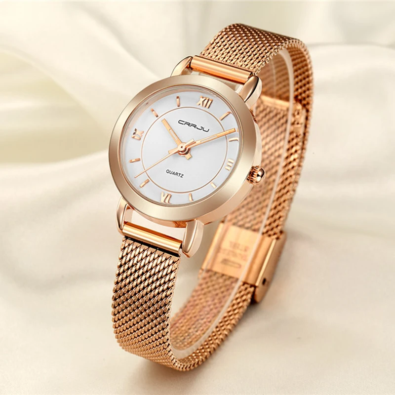 Топ люксовый бренд CRRJU из нержавеющей стали ремешок женские часы модные платья