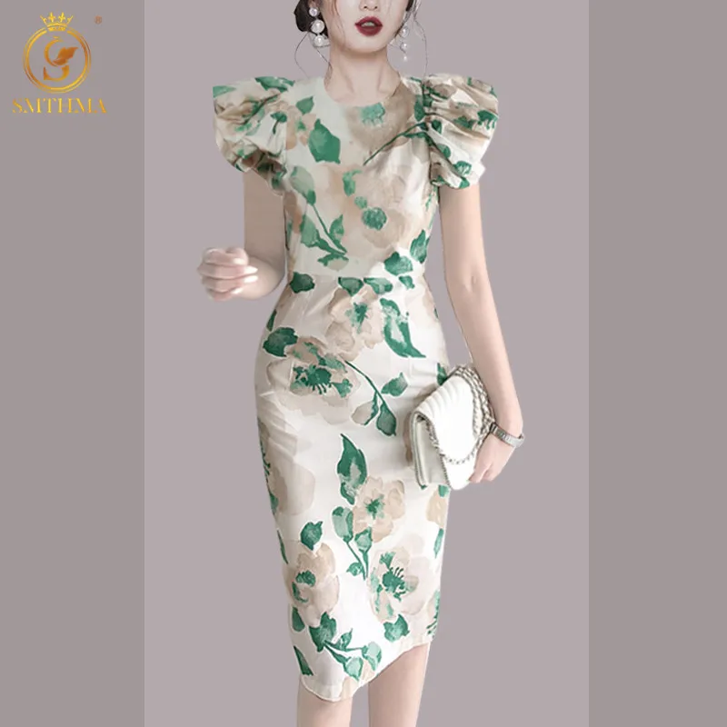 

SMTHMA Ladies Summer Dress 2022 New Fashion Women Clothing Vintage Floral Print Knee-Length Dress Vestidos