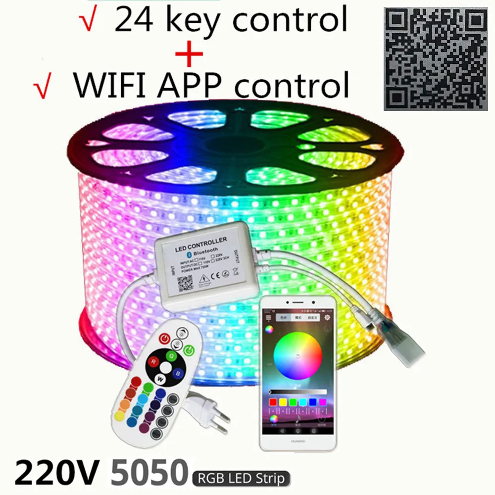220V Светодиодные ленты светильник RGB SMD 5050 лента с помощью приложения на телефоне и дистанционное управление Водонепроницаемый гибкий неоновый светодиодный светильник s на открытом воздухе украшения комнаты лампа