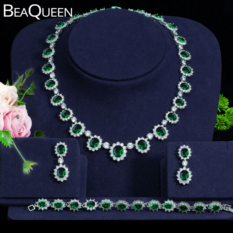 BeaQueen великолепный кубический циркон зеленый серьги ожерелье и браслет 3 шт комплект ювелирных изделий свадебное платье аксессуары JS057