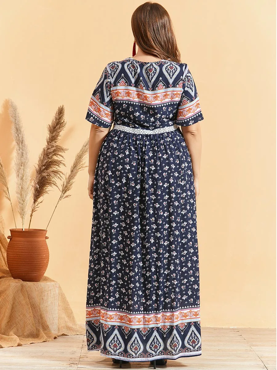 

women floral printed short sleeve maxi dress plus size bohemian lace design arabic ramadan robe muslim abaya african VKDR2455