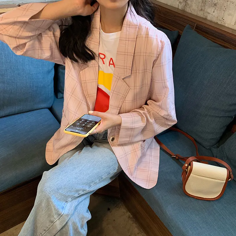 Женский офисный Блейзер Alien Kitty Розовый Повседневный блейзер в клетку на одной