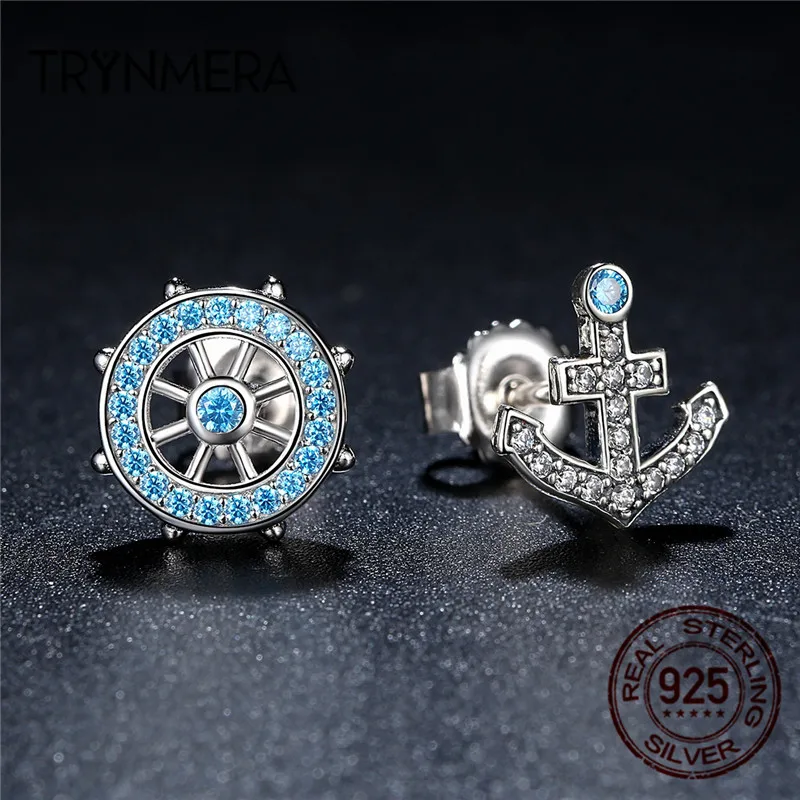 Trynmera 925 Серебряный якорь и руль синие кристаллы серьги-гвоздики для женщин Мода Лодка элемент ювелирных изделий TE082