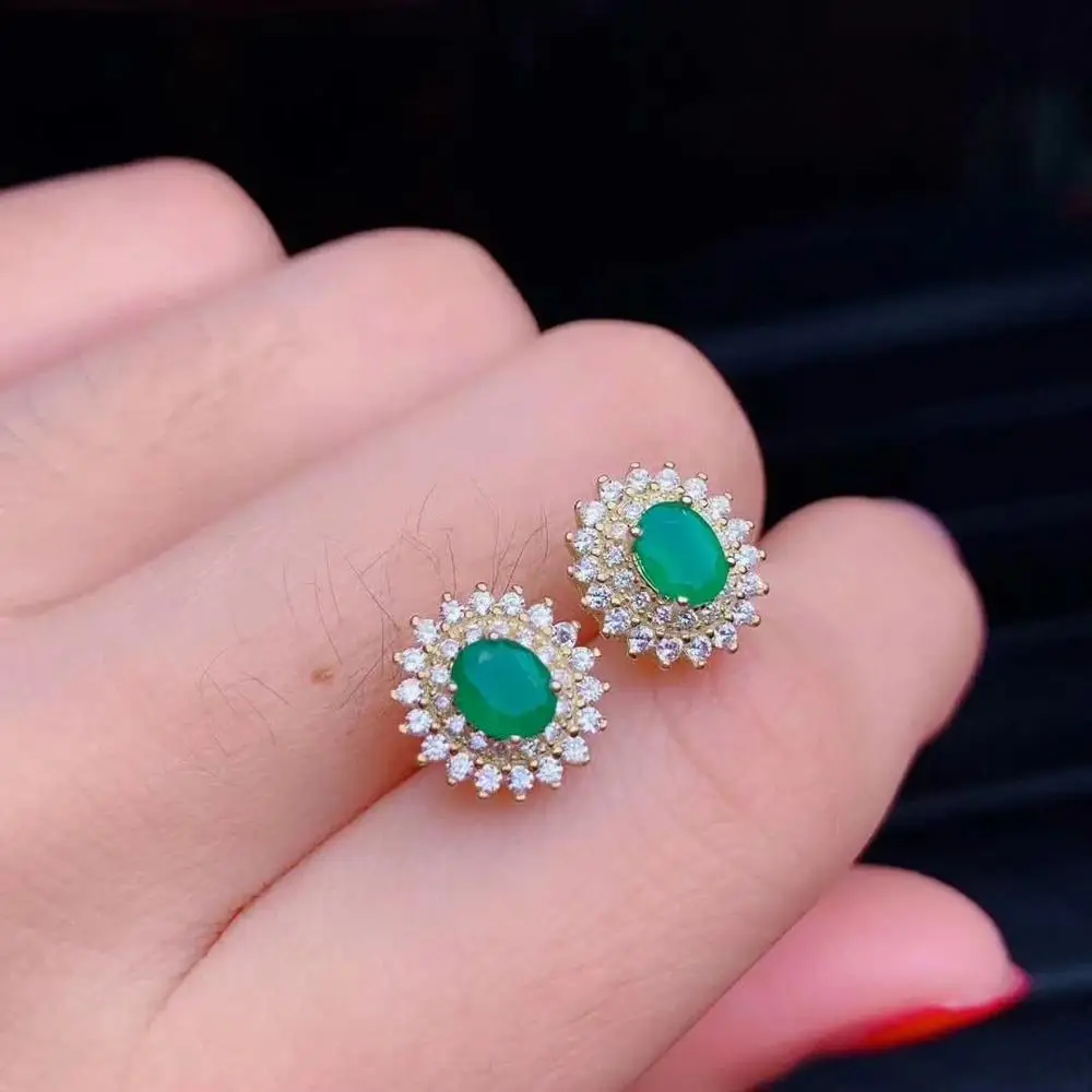 

SHILOVEM 925 sterling silver real Natural Emerald stud earrings classic fine Jewelry new wedding wholesale 5mm de0505966agml