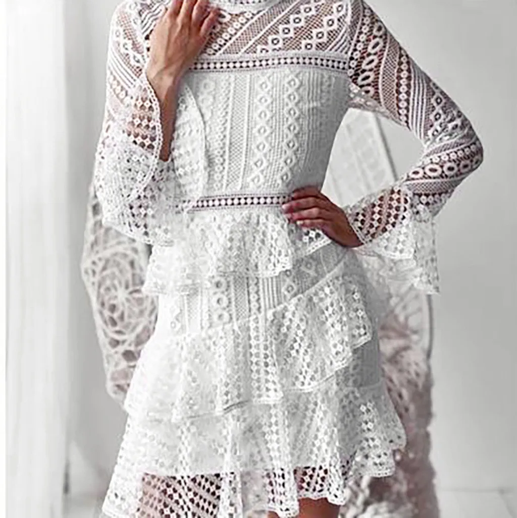 JAYCOSIN женское мини платье женская зимняя мода длинный рукав фонарик кружевное