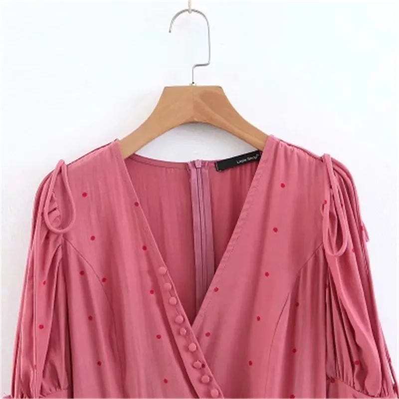 2019 осеннее женское дворцовый ретро-стиль с v-образным вырезом розовое платье