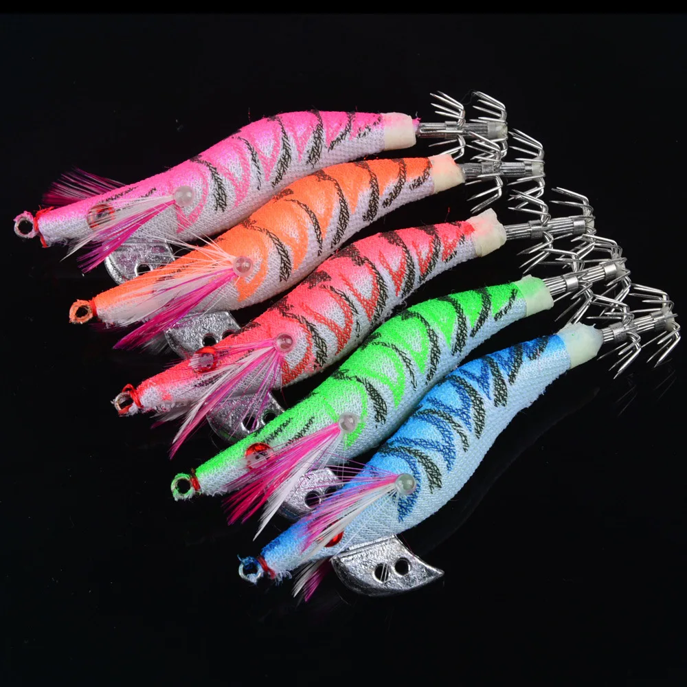5Pcs 7.2g 8cm 5 Colors Squid Bait Wooden Shrimp Jig Hook Fishing Octopus Lures Cuttlefish Artificial Jigging Lure with Bag