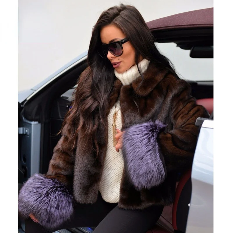 

2021 Fashion Dark Brown Mink Fur Jackets Natural Women Genuine Full Pelt Mink Fur Coat With Fox Fur Sleeve Cuffs Luxury Overcoat