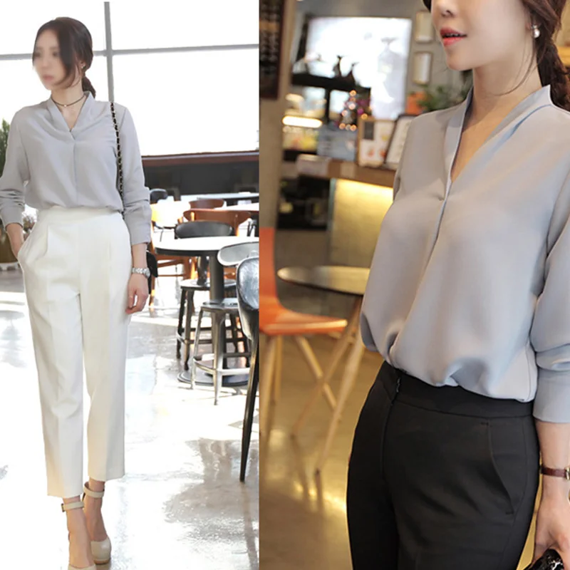 

Women's Lady Blouse V neck Long Sleeve Chiffon Casual Blouse Shirt Tops Fashion Solid Blouse W1