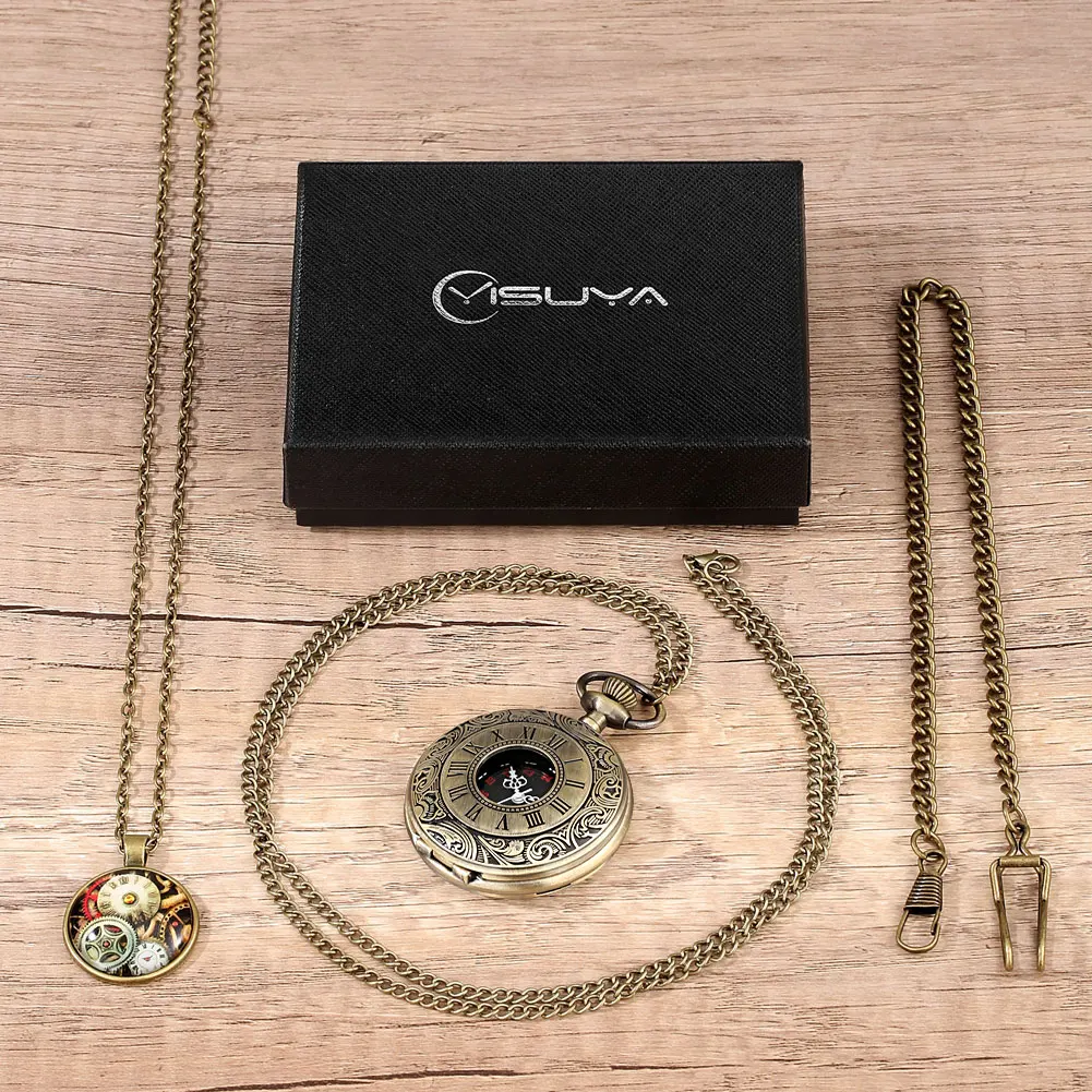 Bronze Pocket Watch Roman Numerals Quartz Pocket Watch Hollow Case Steampunk Vintage Pendant Necklace Best Gifts for Men Women
