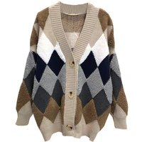 women sweaters autumn winter 2021 fashionable casual plaid v neck cardigans single breasted puff sleeve loose sweater