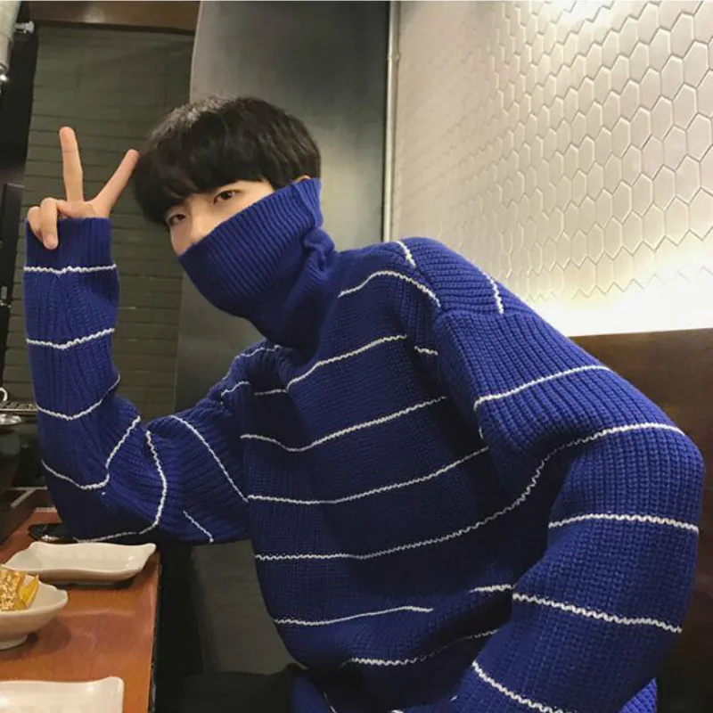 

Pullovers Men Striped Turtleneck Thicken Warm Basic Sweaters Leisure Simple All-match Korean Daily Sweater Loose Soft Mens Tops