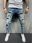 Мужские зауженные рваные джинсы в стиле хип-хоп, мужские зауженные брюки с принтом, модные Лоскутные мото-байкерские ковбойские брюки в стиле нищего