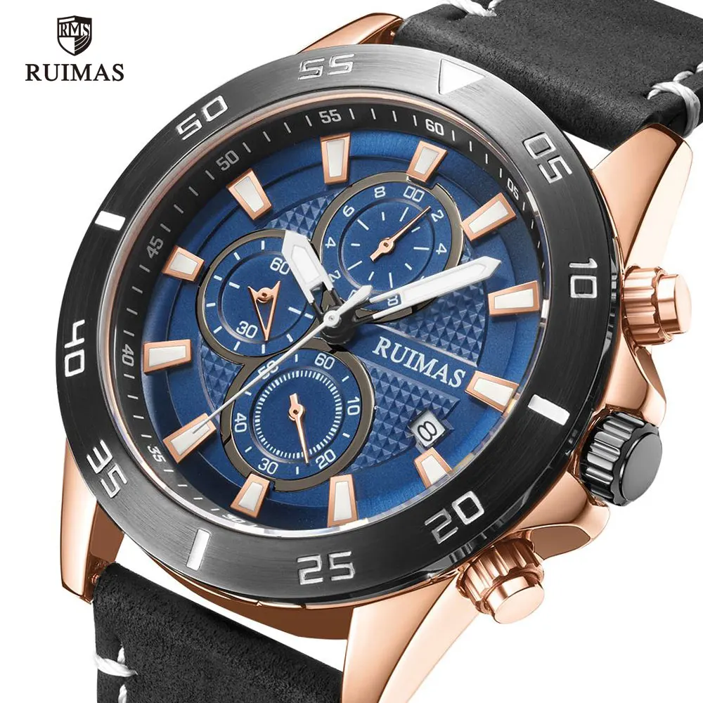Мужские Военные Спортивные часы RUIMAS Роскошные Кварцевые с кожаным ремешком