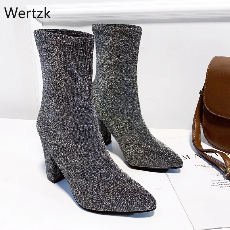 2019 растягивающиеся вязаные женские полусапожки модные сапоги на металлическом