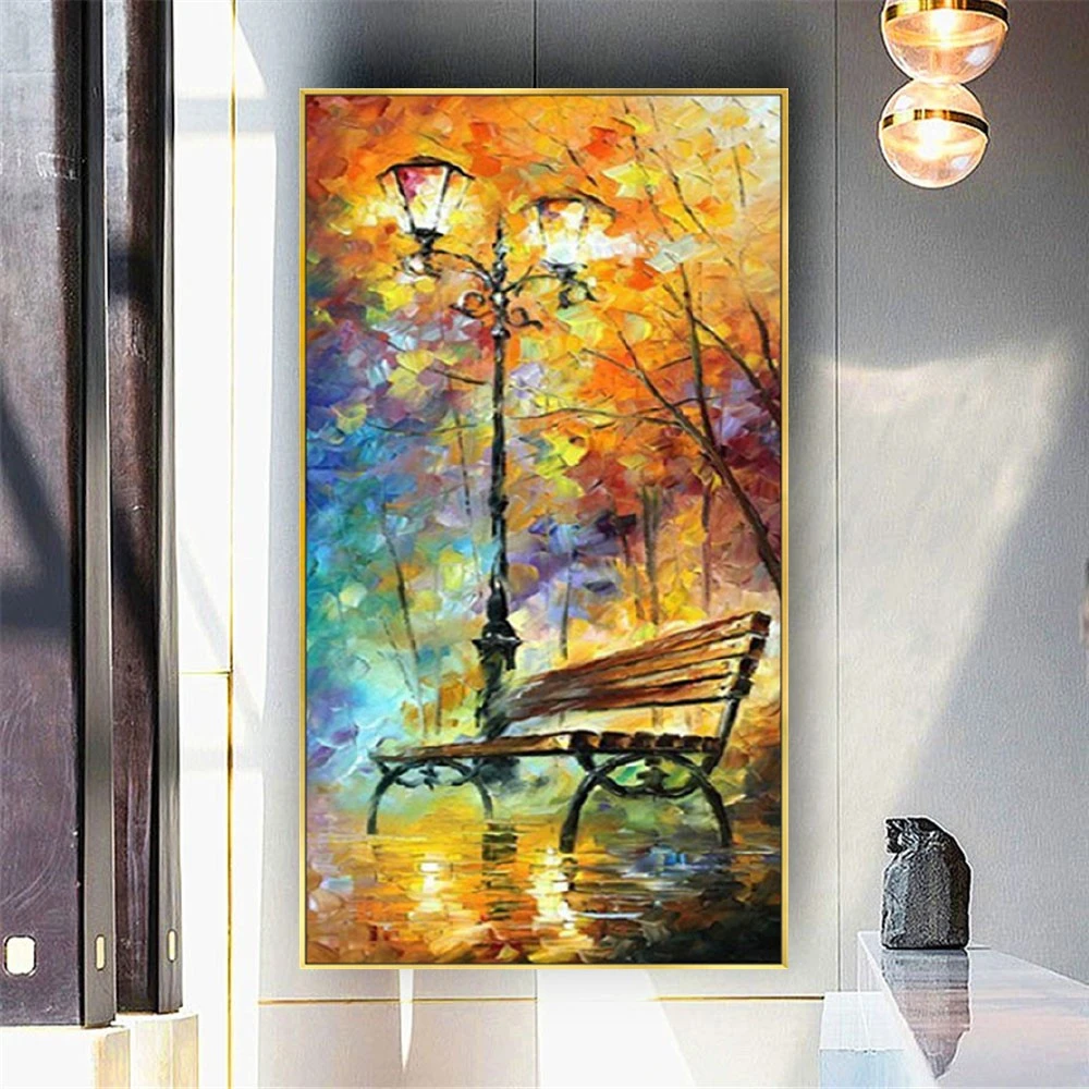 

Hand Painted Autumn Landscape Palette Knife Oil Painting Night Street Lamp Light Abstract Canvas Picture Gold Bright Wall Ar