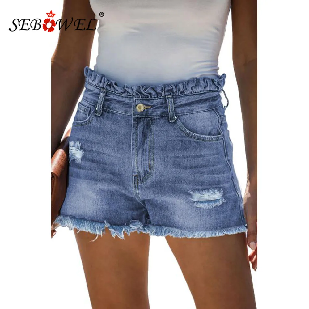 Женские джинсовые шорты SEBOWEL повседневные летние с высокой талией и оборками