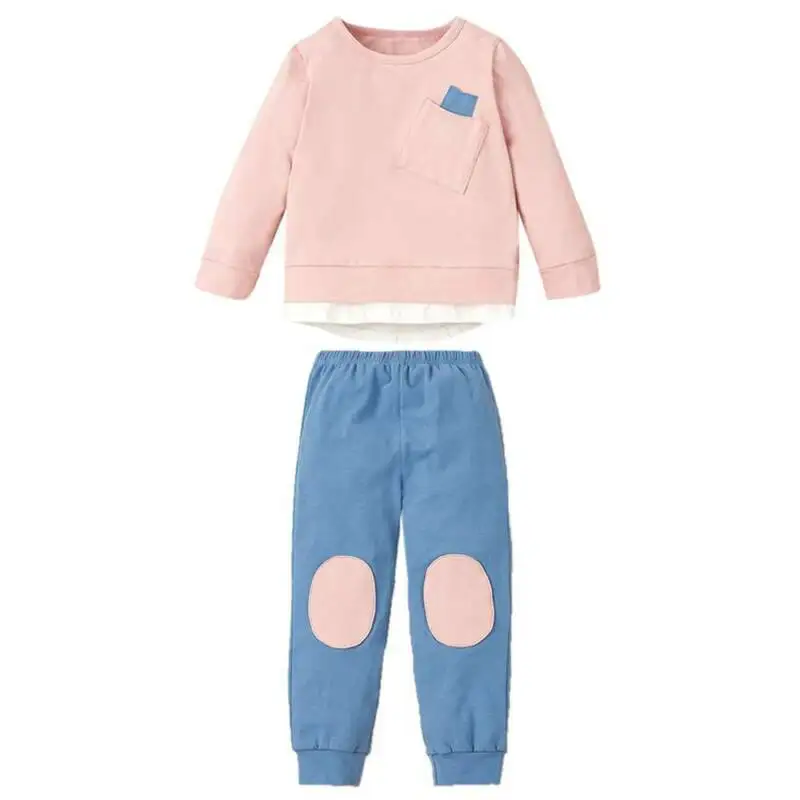 

Girl Cute Long Sleeve Suit Cotton Casual Round Neck Pink Top Small Pocket Loose Blue Pants Two Piece Set Children