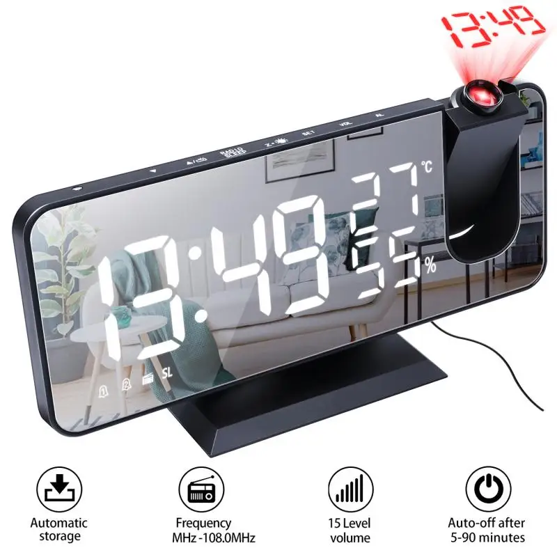 

LED Digital Alarm Clock Radio Projection Multifunction Bedside Time Display dab Radio With Temperature And Humidity Mirror Clock