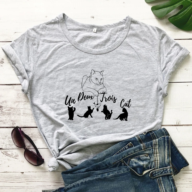 

New Arrival Un Deux Trois Cat T-shirt Cute 90s Cat Mom Gift Tshirt Funny Women Short Sleeve Graphic Tee Shirt Top