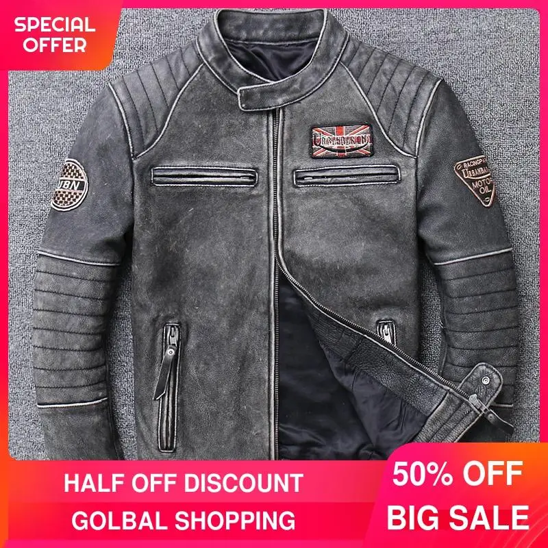

2021 Vintage Black Motorcycle Style Genuine Leather Jacket Men Plus Size 4XL Stand Collar Real Natural Cowhide Short Biker Coat