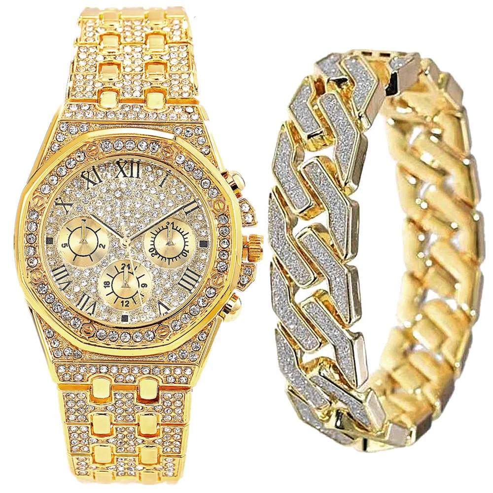 

2pcs/set Gold Watch Bracelet for Men Cuban Chain Men Bracelet Bling Iced Out Watch for Men Luxury Men Watch Set Groomsmen Gifts