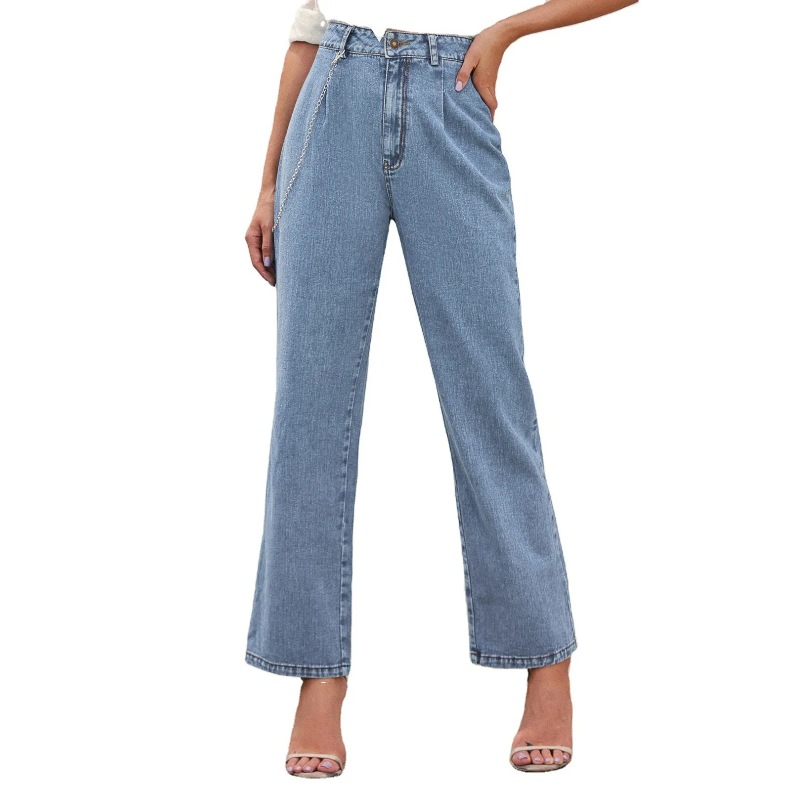 

Women's 2021 New Fashion Casual Light Blue Solid Color Pockets High-Waisted Slimming Thin Daily Jeans Straight-leg Long Trousers