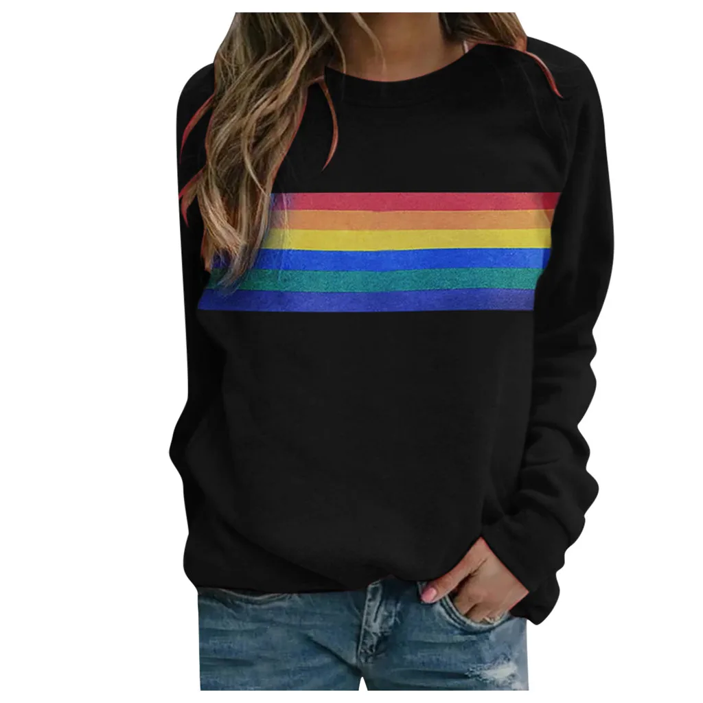 

Stripe Women Sweatshirt Rainbow Printed Long Sleeve Round Neck Casual Loose Top Female Loose Ladies Clothes Felpe Donna Pullover