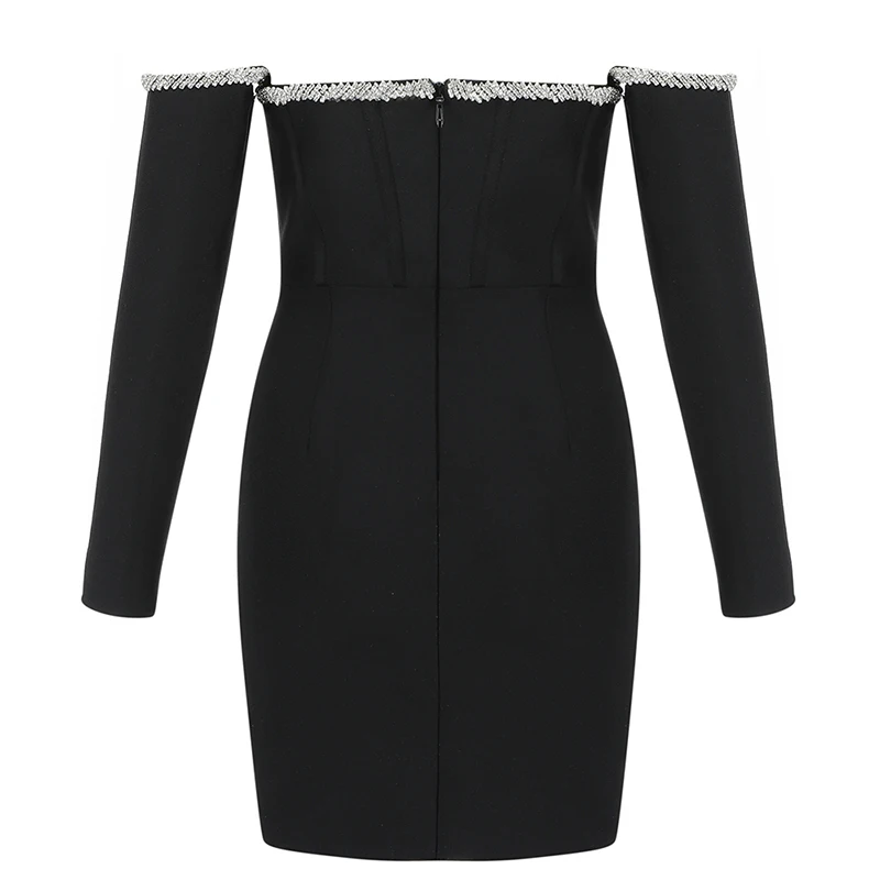 

VGH Sexy Patchwork Diamond Dress For Women Slash Neck Long Sleeve High Waist Black Bodycon Dresses Female Fashion New Clothing