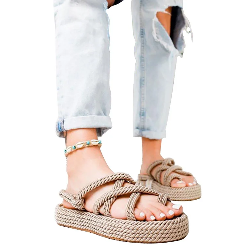 

Drop Shipping OEAK Sandals,Flip-Flops, Fashionable Roman Anti-Skid Breathable Aanti-skid Shoes Pure-Color Linen Rope Sandals