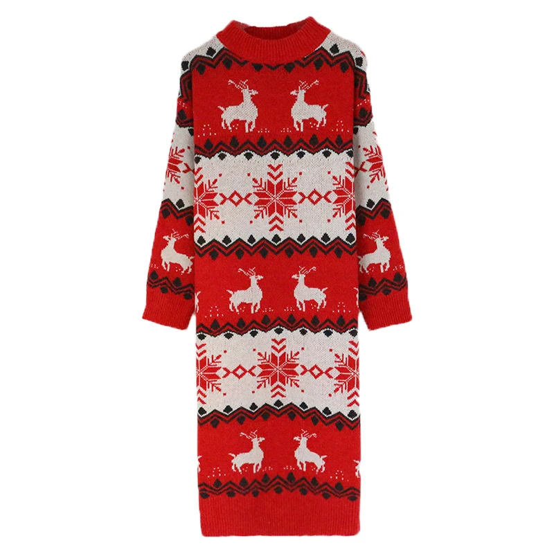 

Autumn and winter new red sweater women long knitted Christmas sweater women