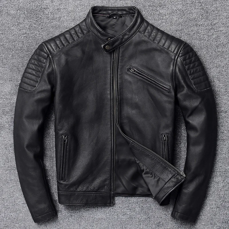 

YR!Free shipping.sales.classic motor biker genuine leather jacket.cool slim cowhide coat.men fashion vintage jacket.plus size