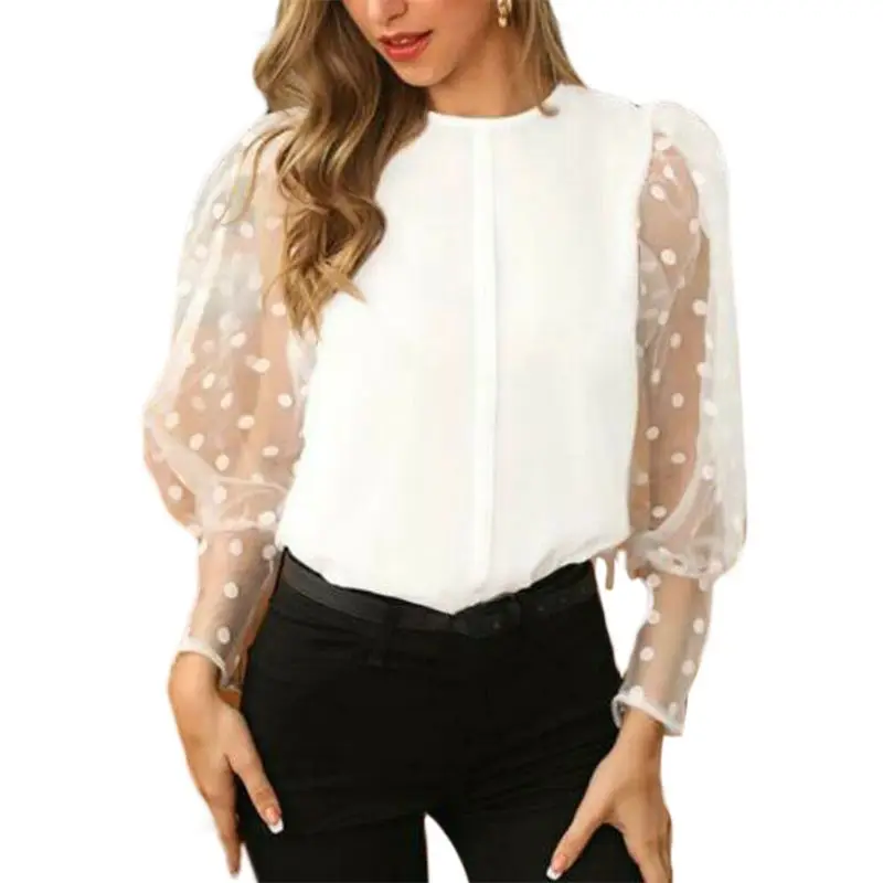 

Women Mesh Puff Lantern Sleeves Blouse Polka Dot Solid Color O-Neck Loose Shirts New 2020