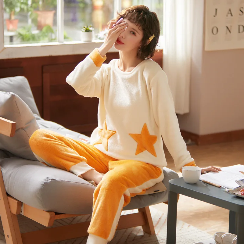 

SLPBELY Winter Women Pajamas Cute Cartoon Coral Fleece Sets Long Sleeve Sleepwear Pyjamas Clothing Daily Homewear