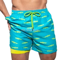 new men board shorts double layer swim trunks with pocket drawstring special beach casual built in compression sports short