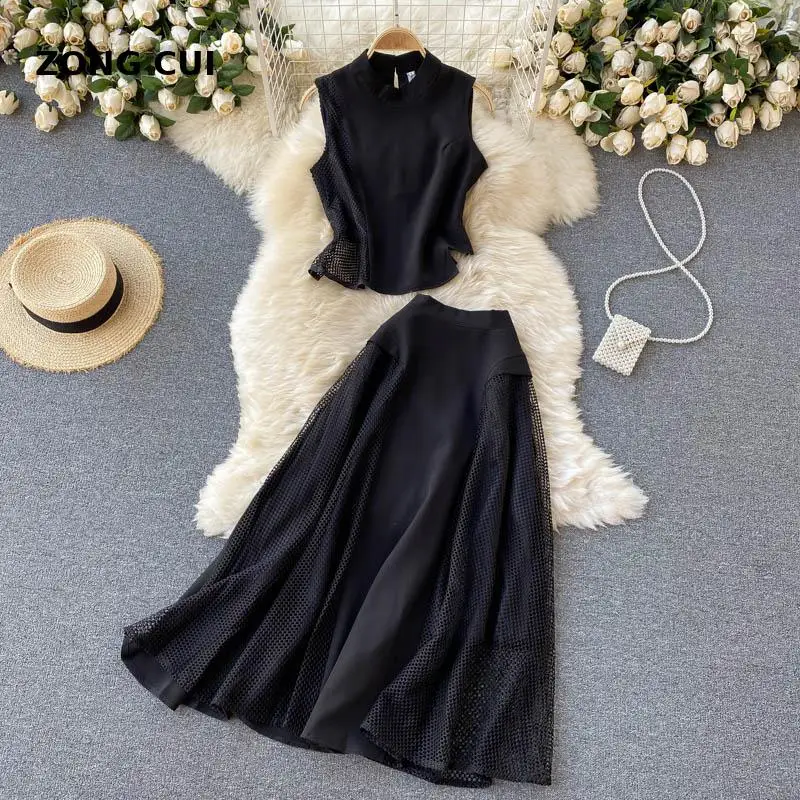 

Women's fashion temperament black skirt 2-piece summer sleeveless slim Top + high waist big swing skirt elegant and unique suit