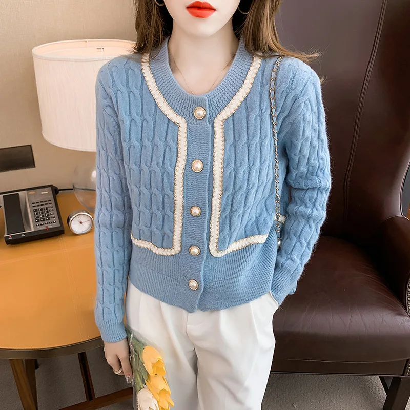

2021 Sweet round collar knitting cardigan female spring new brief paragraph cultivate one's morality sweater blue