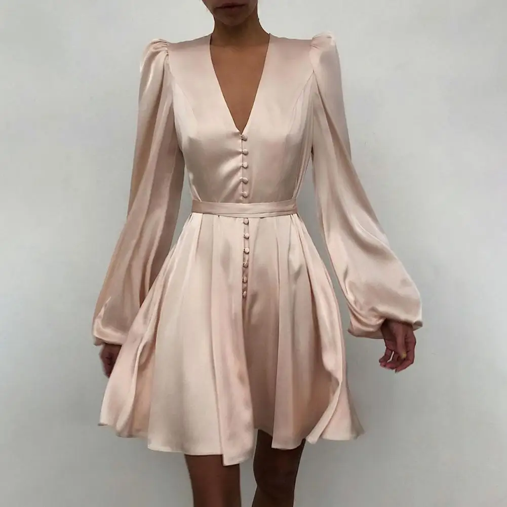 

Dress V-Neck Mid Waist Polyester Fiber Women Puff Sleeve Dress for Wedding
