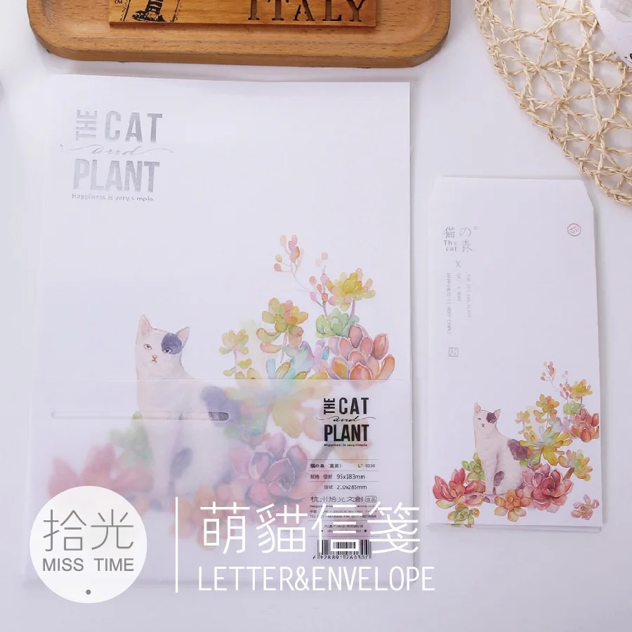 9 шт./компл. 3 конверта + 6 бумаг для письма Кот и растение конверт бумажного