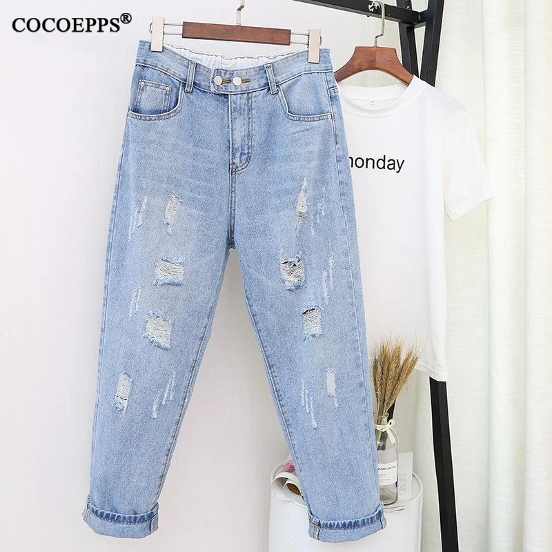 Джинсы-султанки COCOEPPS 4XL 5XL с высокой талией повседневные синие размера плюс