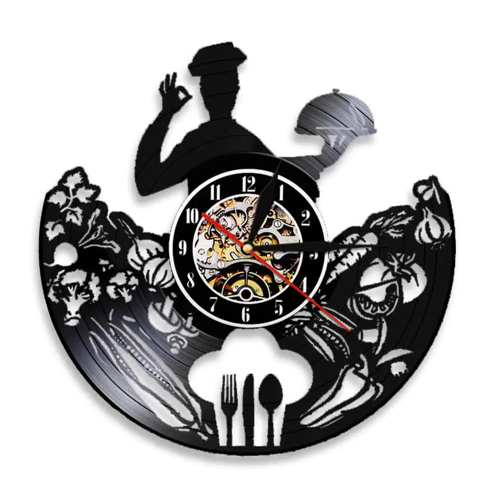 

Chef Laser Cut Music Album Kitchen Wall Clock Foodie Fork Knife Spoon Cook Vinyl Record LP Dinning Room Home Decor Wall Watch
