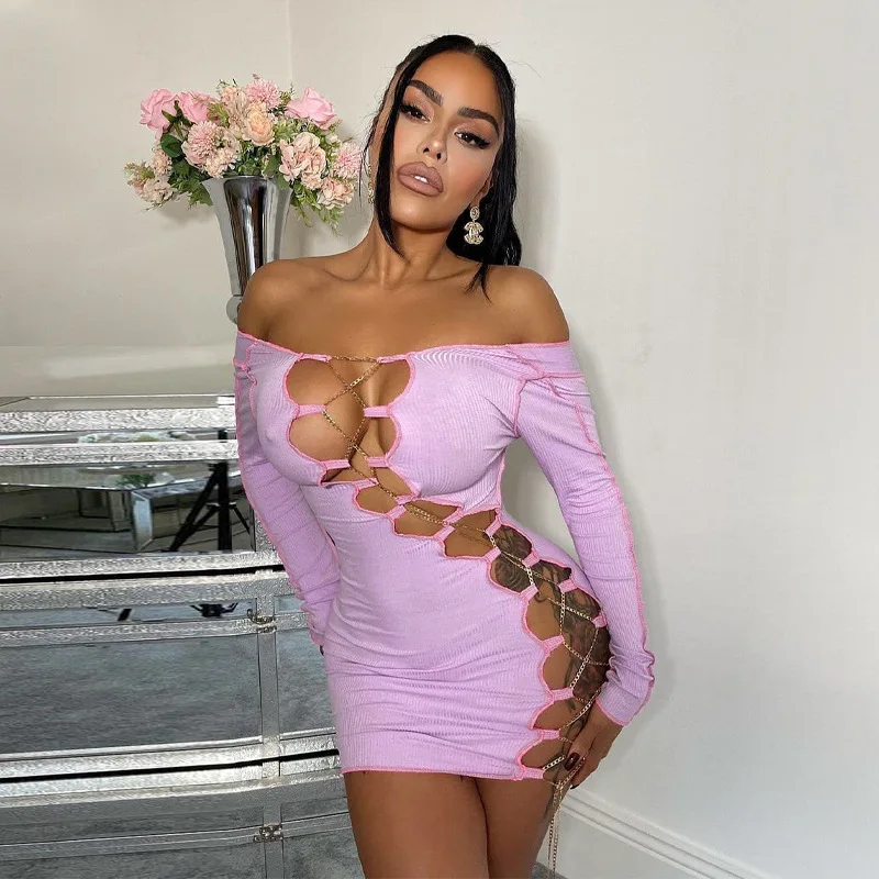 

Sexy Hollow Out Metal Chain Pink Bodycon Mini Dresses for Women Fall 2021 Club Outfits Long Sleeve Dress 2021 Fall