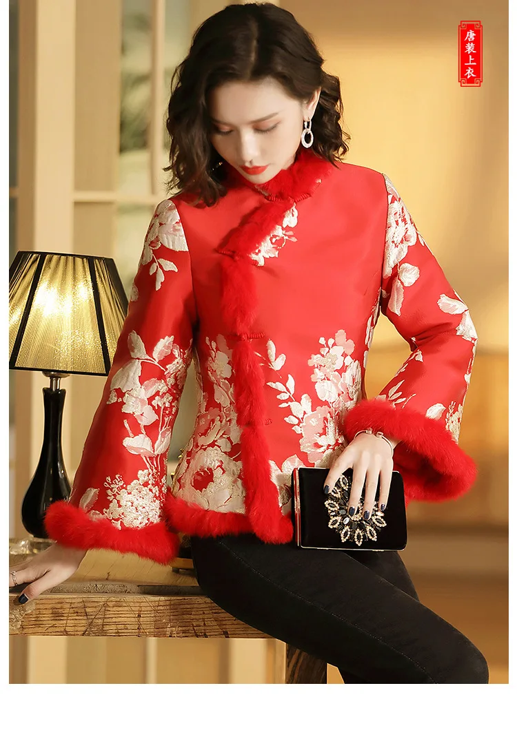 new year chinese-style dress Tang Costume collar cotton-padded jacket retro printing long-sleeved Short coat winter jackets