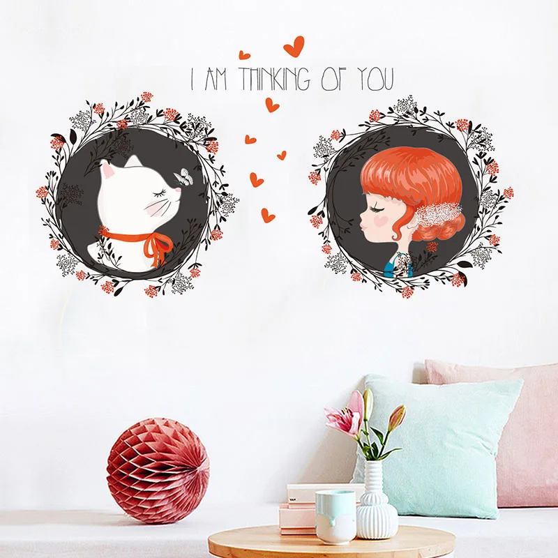 Милая девушка любовь Кошка Декор стены стикеры Catoon наклейки для украшения