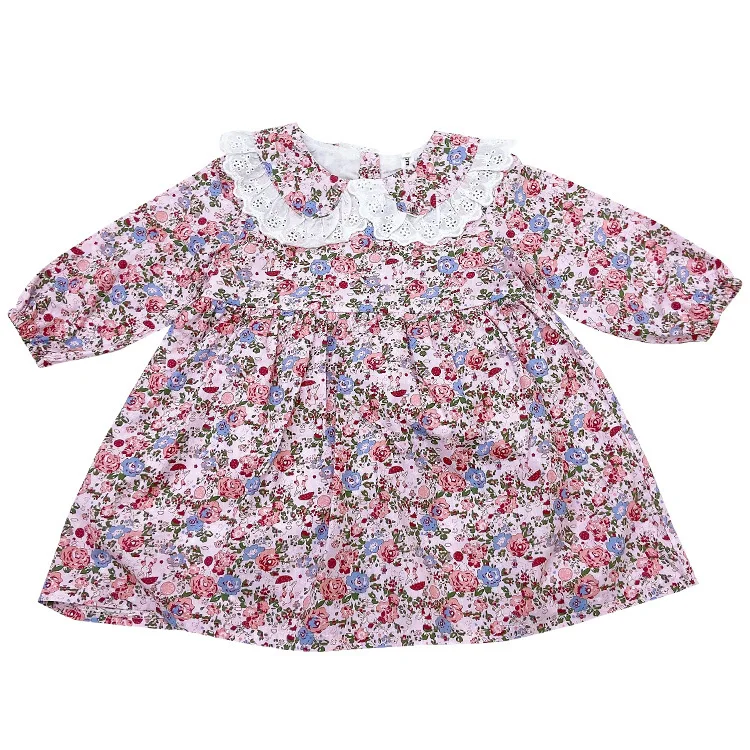 

2021 Girls Spring and Autumn Floral Lapel Long Sleeve Dress