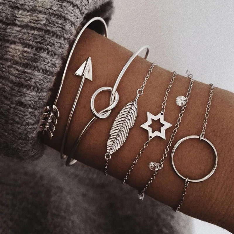 

6pcs/set Rhinestone Engraved Leaf star arrow silver color Decor Cuff Bracelet Best Gift for Women Girl B002