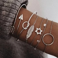 6pcsset rhinestone engraved leaf star arrow silver color decor cuff bracelet best gift for women girl b002