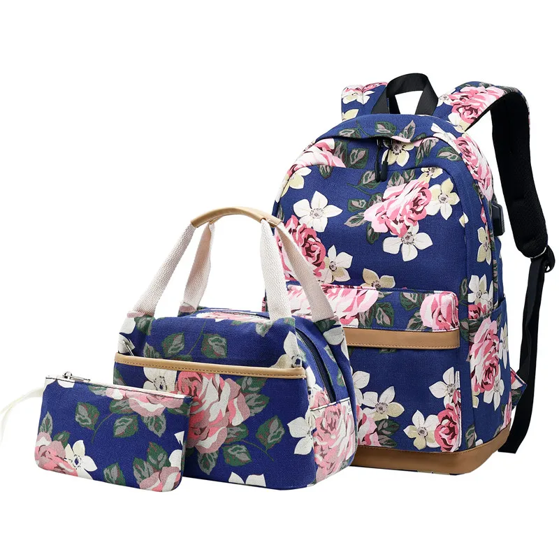 Ladies Canvas Backpack Floral Print 3pcs Set Outdoor Female Middle School Student Bag USB Computer Bag Meal Bag Pencil Bag 2021