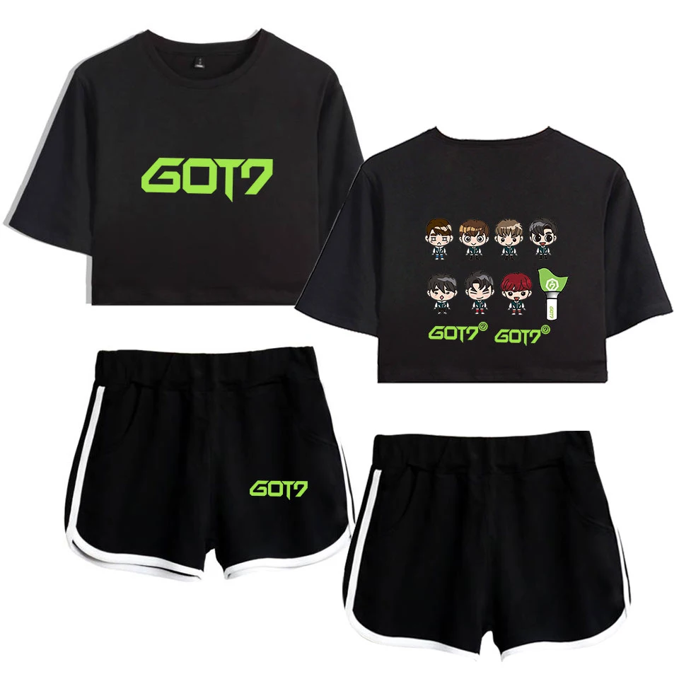 

Kpop GOT7 Cartoon Custom Printed Tracksuit Two Piece Set Women Summer Short Sleeve Crop Top+Shorts Girls Sexy Suitable Clothes