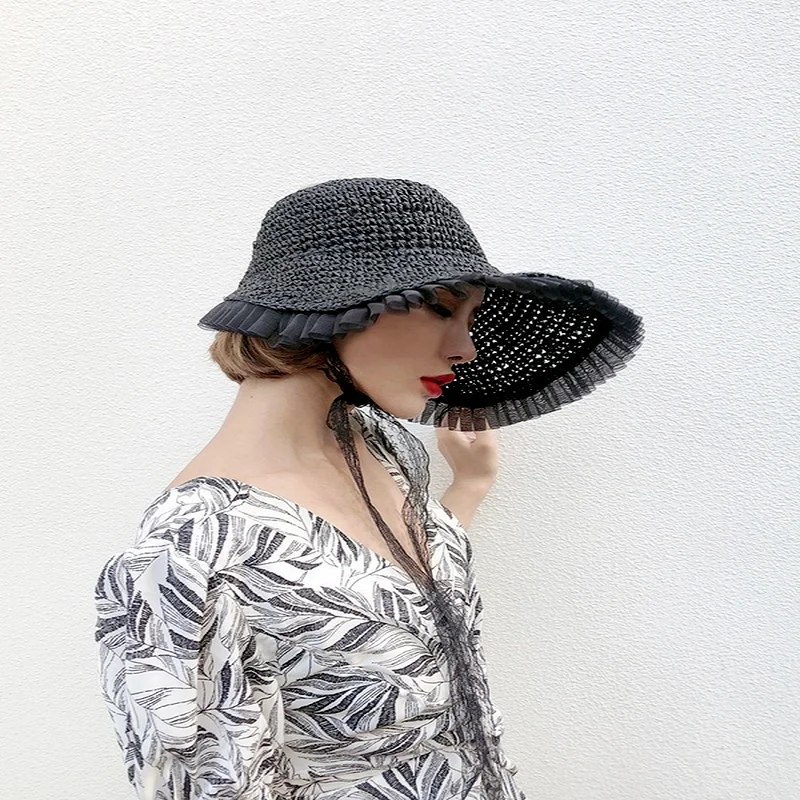 

French Large-brimmed Lace Lace-edge Casual Fisherman Hat Summer Empty Top Hat Sunscreen Big-brimmed Straw Hat Vacation Beach Hat